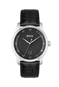 Close-up of the BOSS Mens Principle watch featuring a black textured dial, date display, Roman numerals, & leather strap.