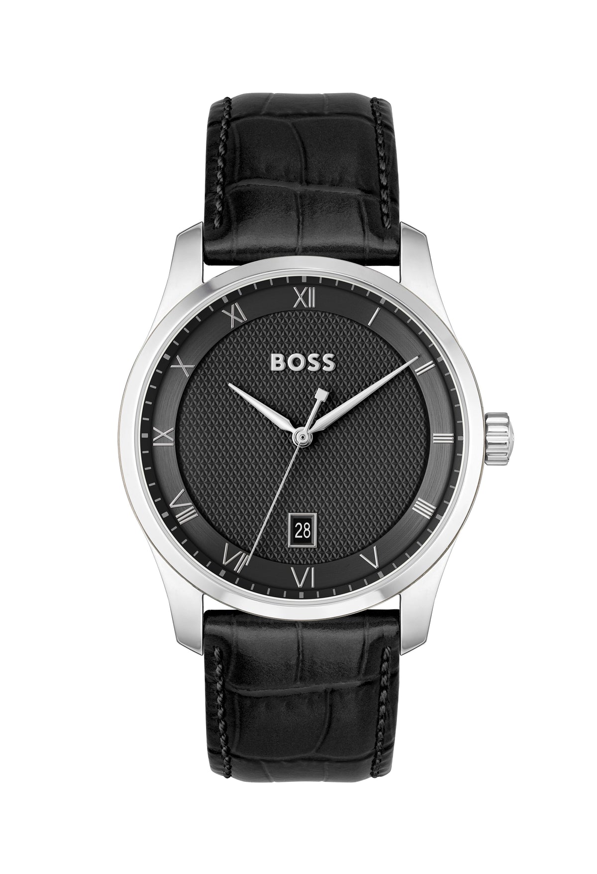 Close-up of the BOSS Mens Principle watch featuring a black textured dial, date display, Roman numerals, & leather strap.