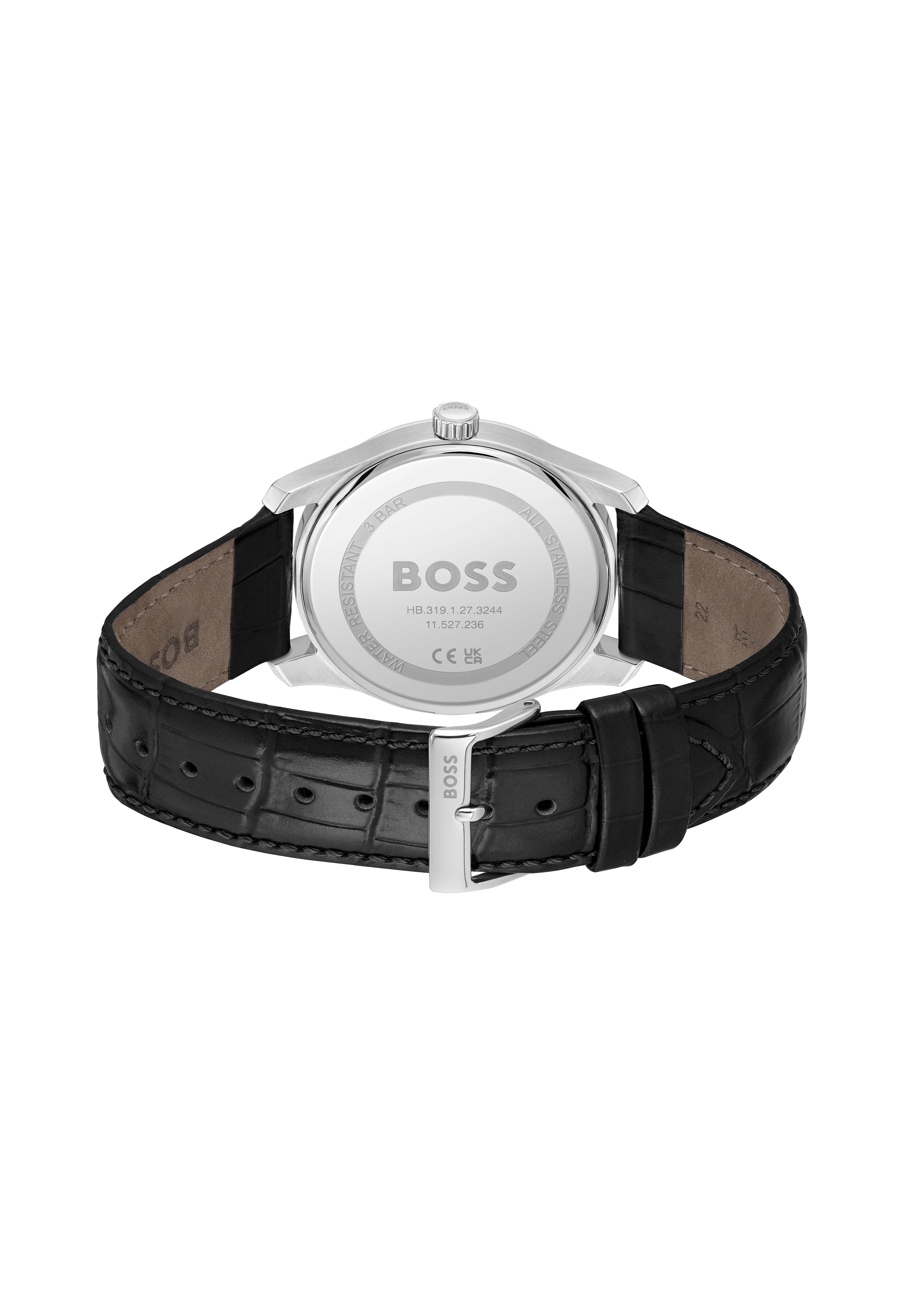 Back view of the BOSS Principle watch highlighting the stainless steel case, black leather strap, and model details.
