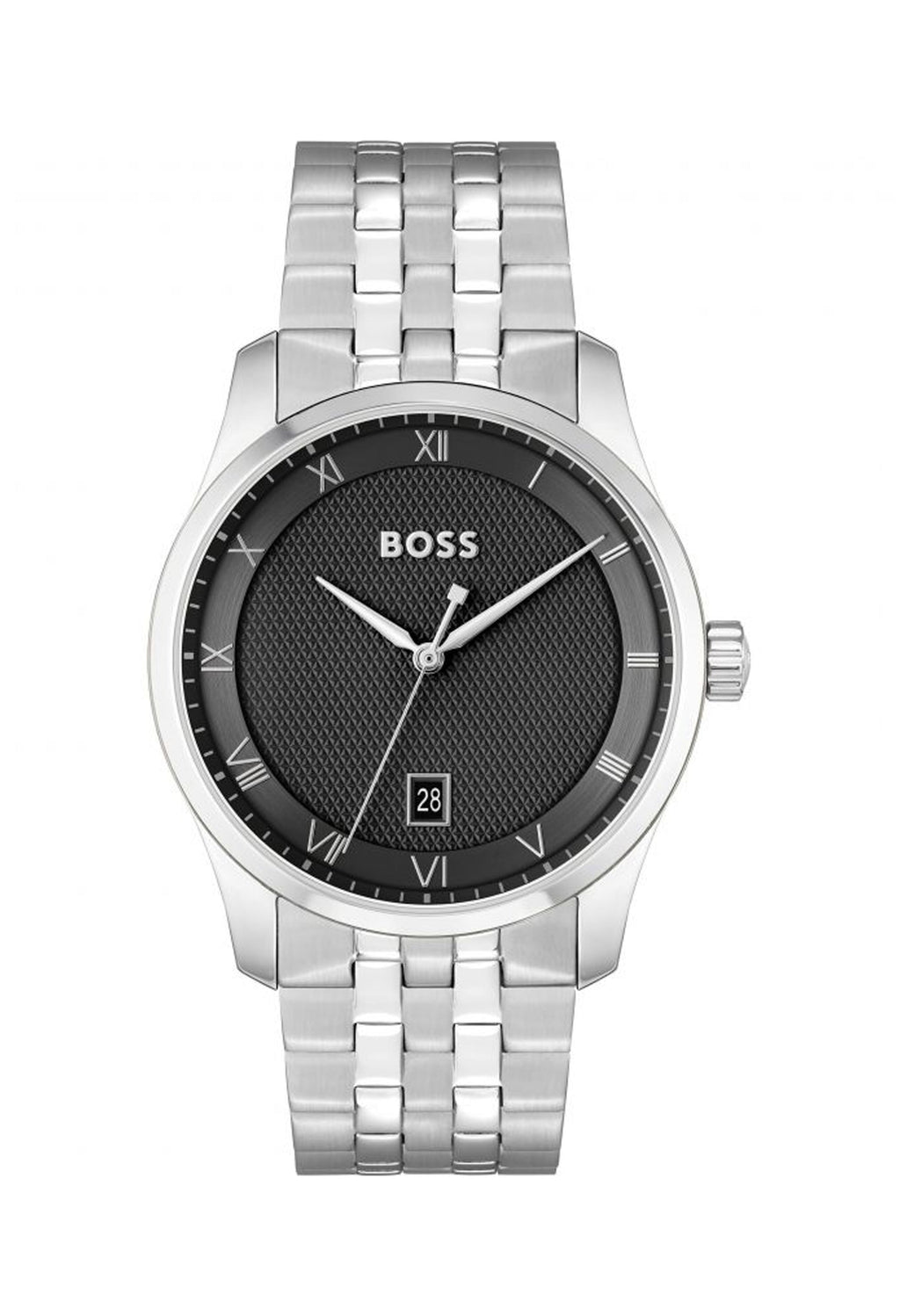 Boss watch showcasing its black textured dial, stainless steel bracelet, and date display. Modern luxury timepiece.