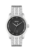 Boss watch showcasing its black textured dial, stainless steel bracelet, and date display. Modern luxury timepiece.