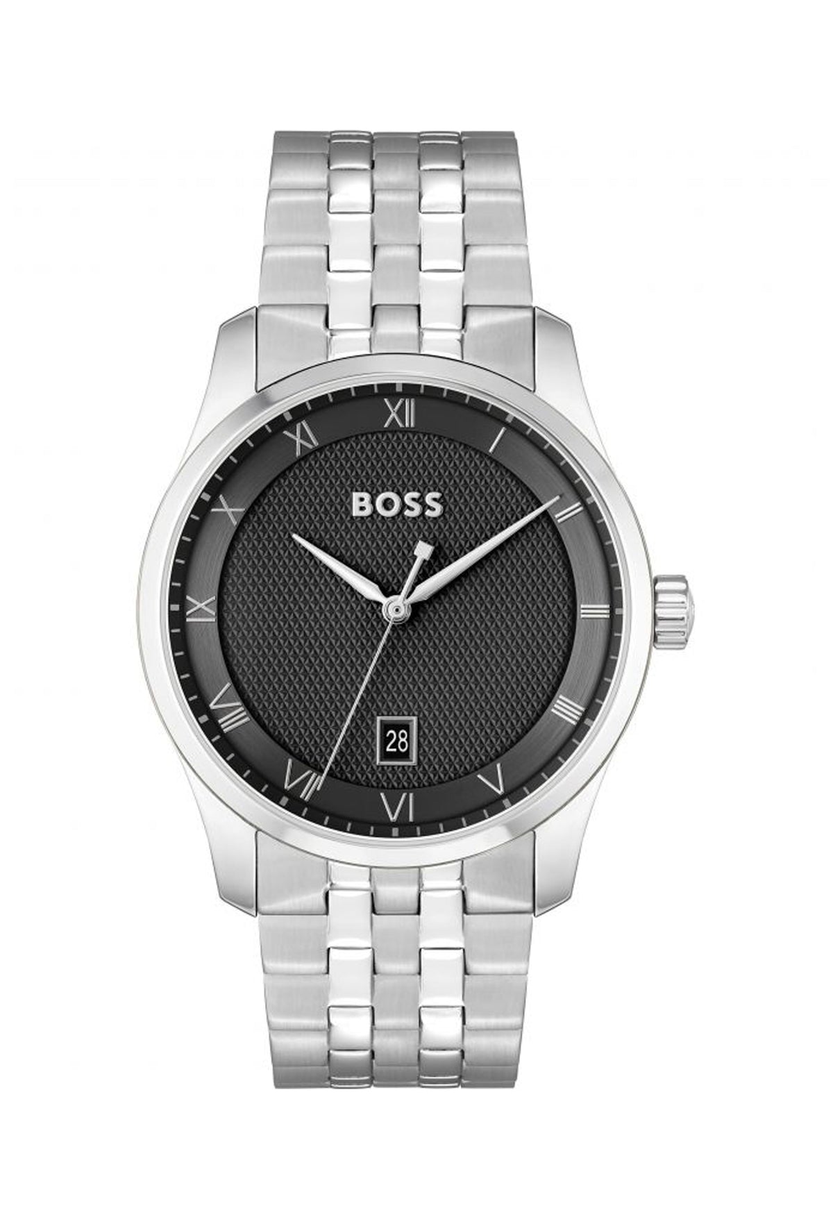 Boss watch showcasing its black textured dial, stainless steel bracelet, and date display. Modern luxury timepiece.
