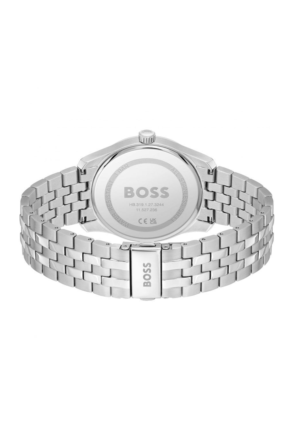 Close-up back view of the Boss Principle watch showcasing the stainless steel bracelet and case details.