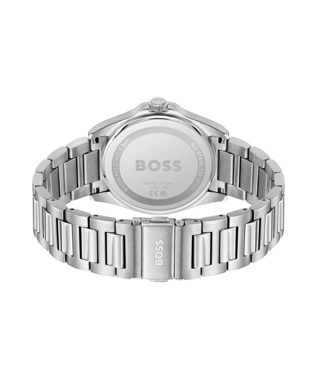 Close-up of the BOSS Strike watch back showing the stainless steel band and water resistance detail. "BOSS" logo is visible.