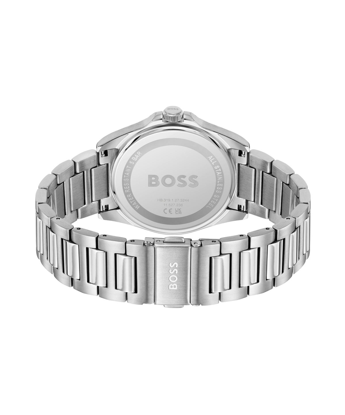 Close-up of the BOSS Strike watch back showing the stainless steel band and water resistance detail. "BOSS" logo is visible.
