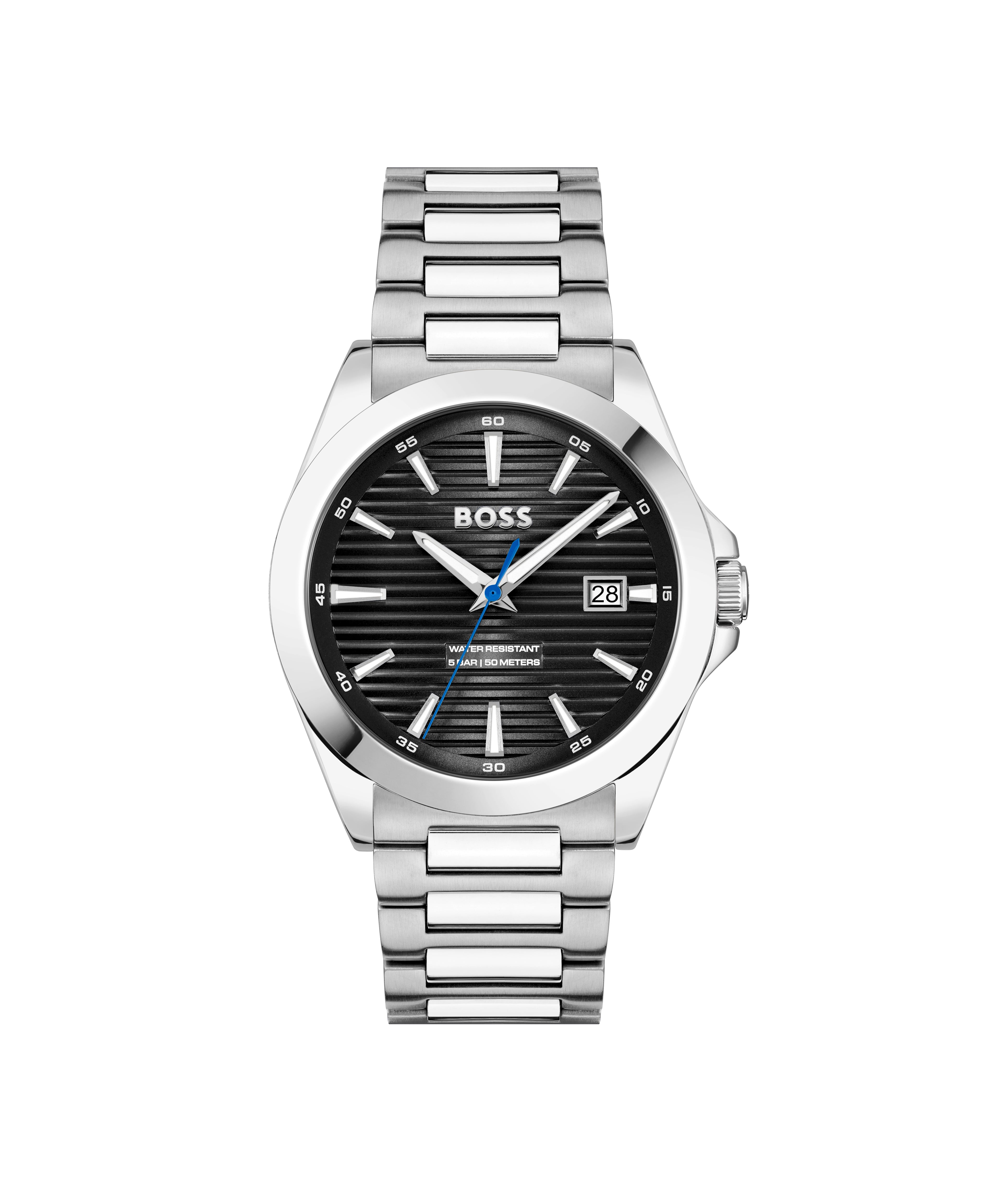 Close-up of the BOSS Strike watch, highlighting the black lined dial, stainless steel band, and date display.