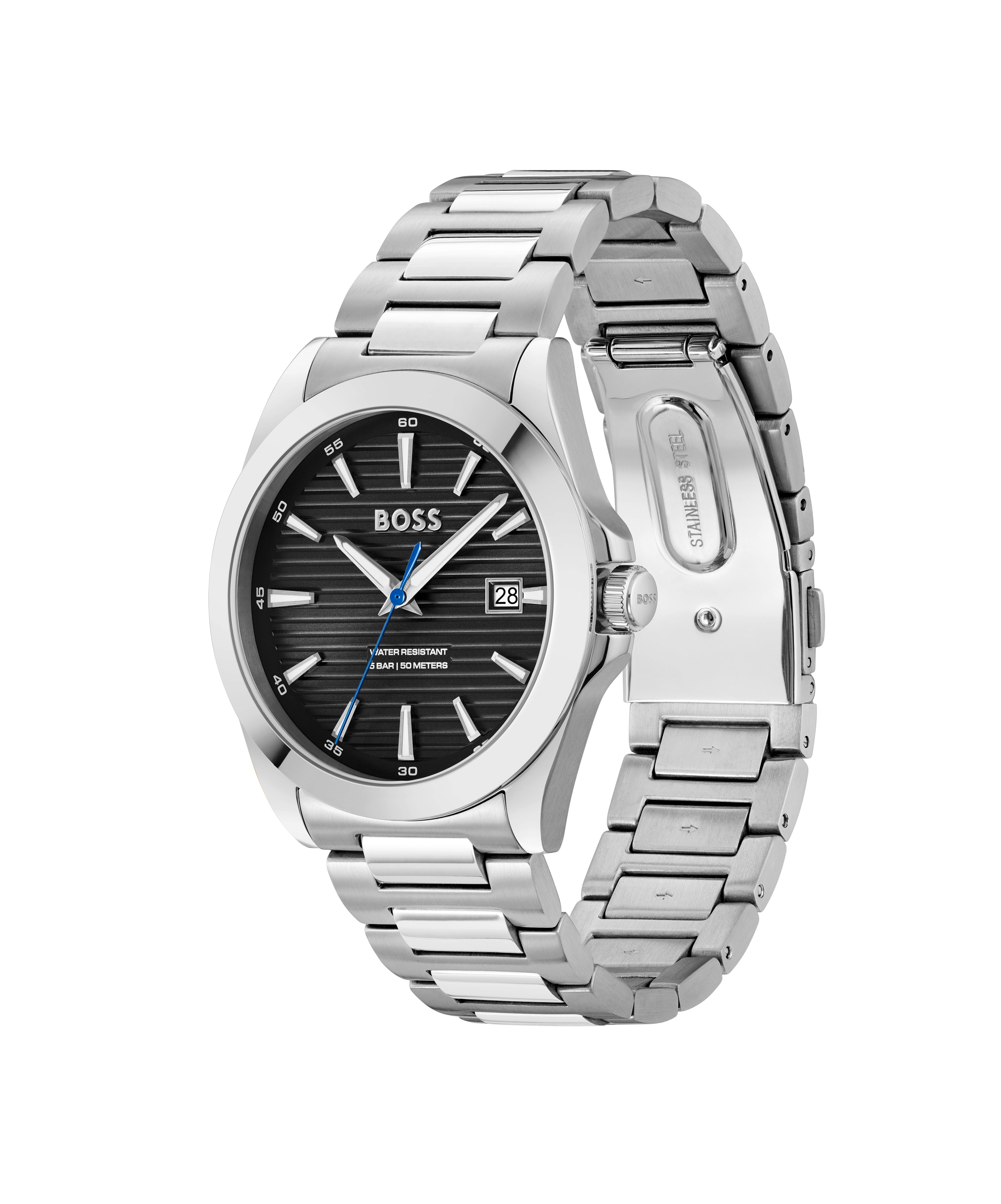 Close-up of the BOSS Mens Strike watch showcasing its stainless steel band, black lined dial, date window, & branding.