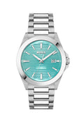 Close-up of the Boss Strike stainless steel watch featuring a striking turquoise dial and bracelet detail.