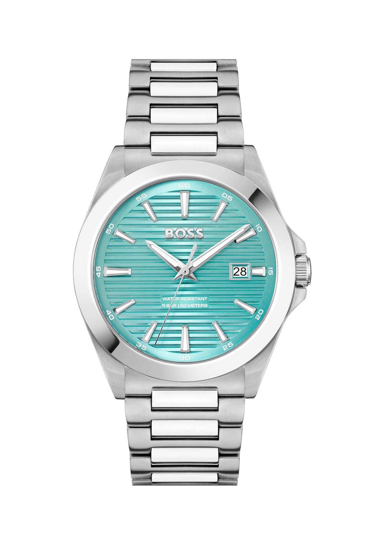 Close-up of the Boss Strike stainless steel watch featuring a striking turquoise dial and bracelet detail.