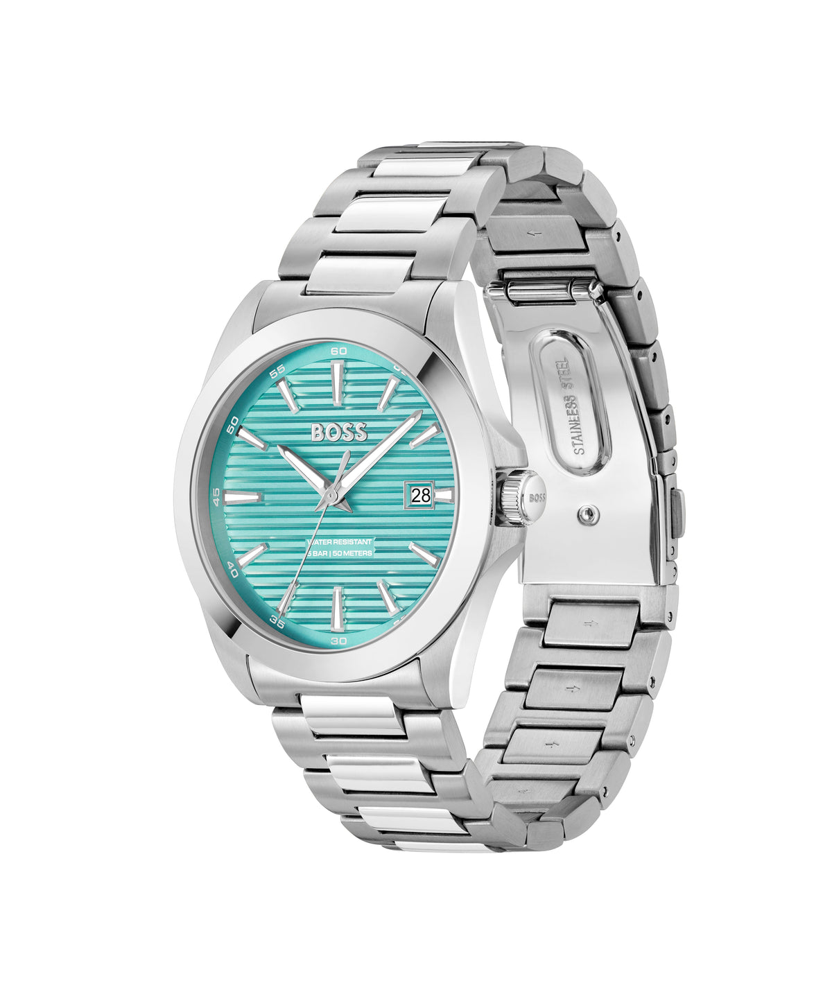 Close-up of the Boss Strike watch with a striking turquoise dial and stainless steel bracelet, showcasing its design details.