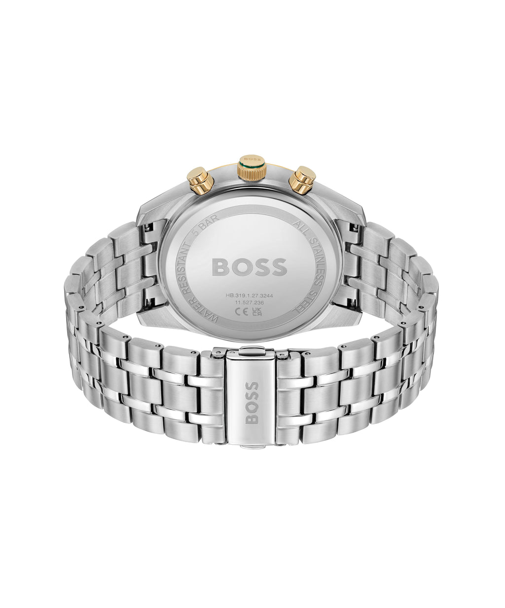 Back of BOSS Skytraveller watch showing stainless steel bracelet, "BOSS" logo on clasp, & "All Stainless Steel" on case.