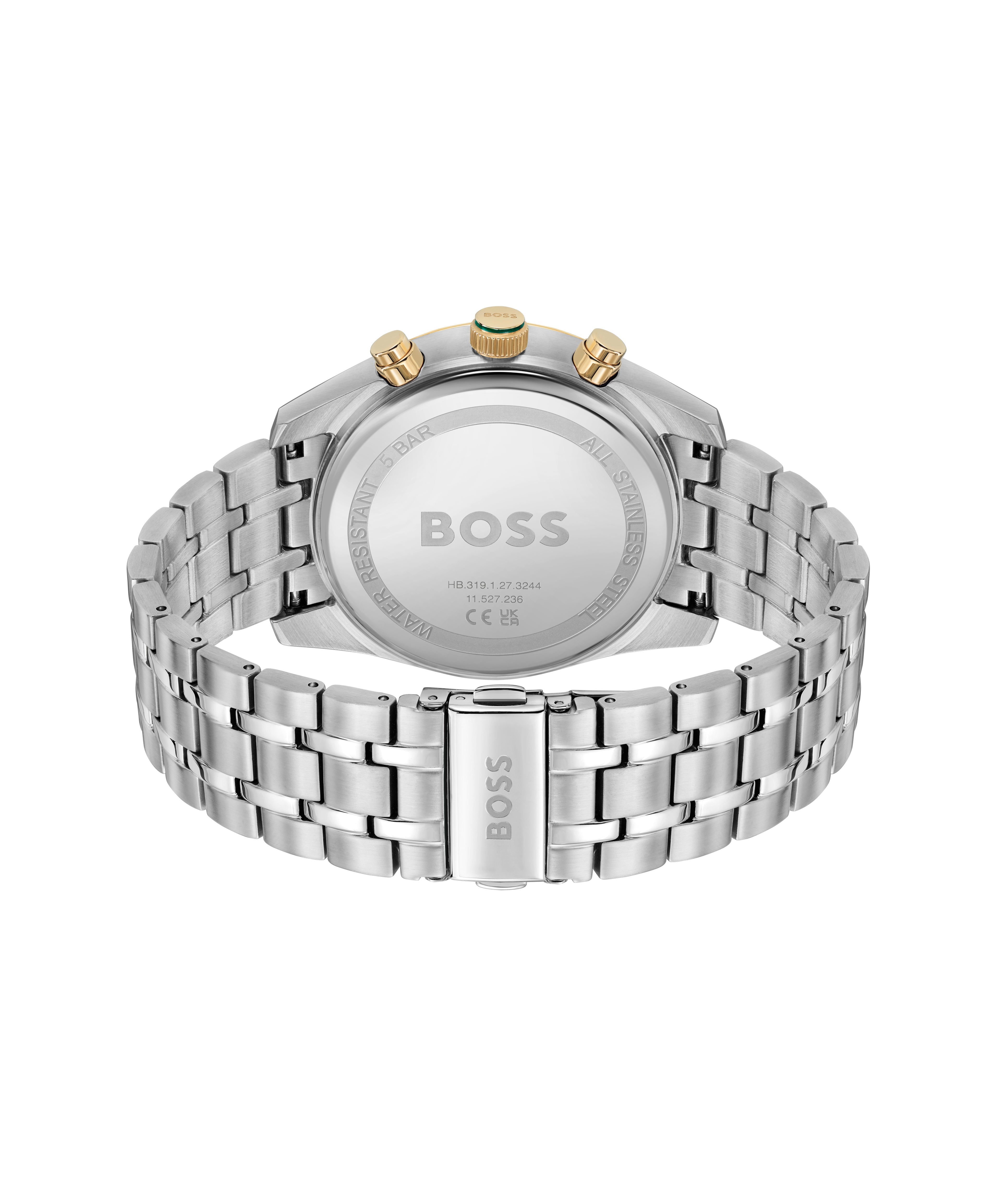 Back of BOSS Skytraveller watch showing stainless steel bracelet, "BOSS" logo on clasp, & "All Stainless Steel" on case.