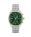 BOSS Skytraveller watch displaying its green dial, gold accents, stainless steel bracelet, and chronograph features.