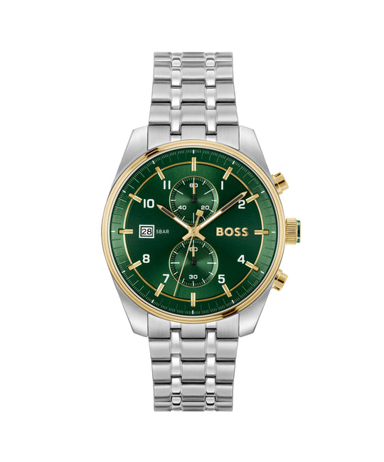 BOSS Mens Skytraveller Green Dial Bracelet Watch Stainless Steel