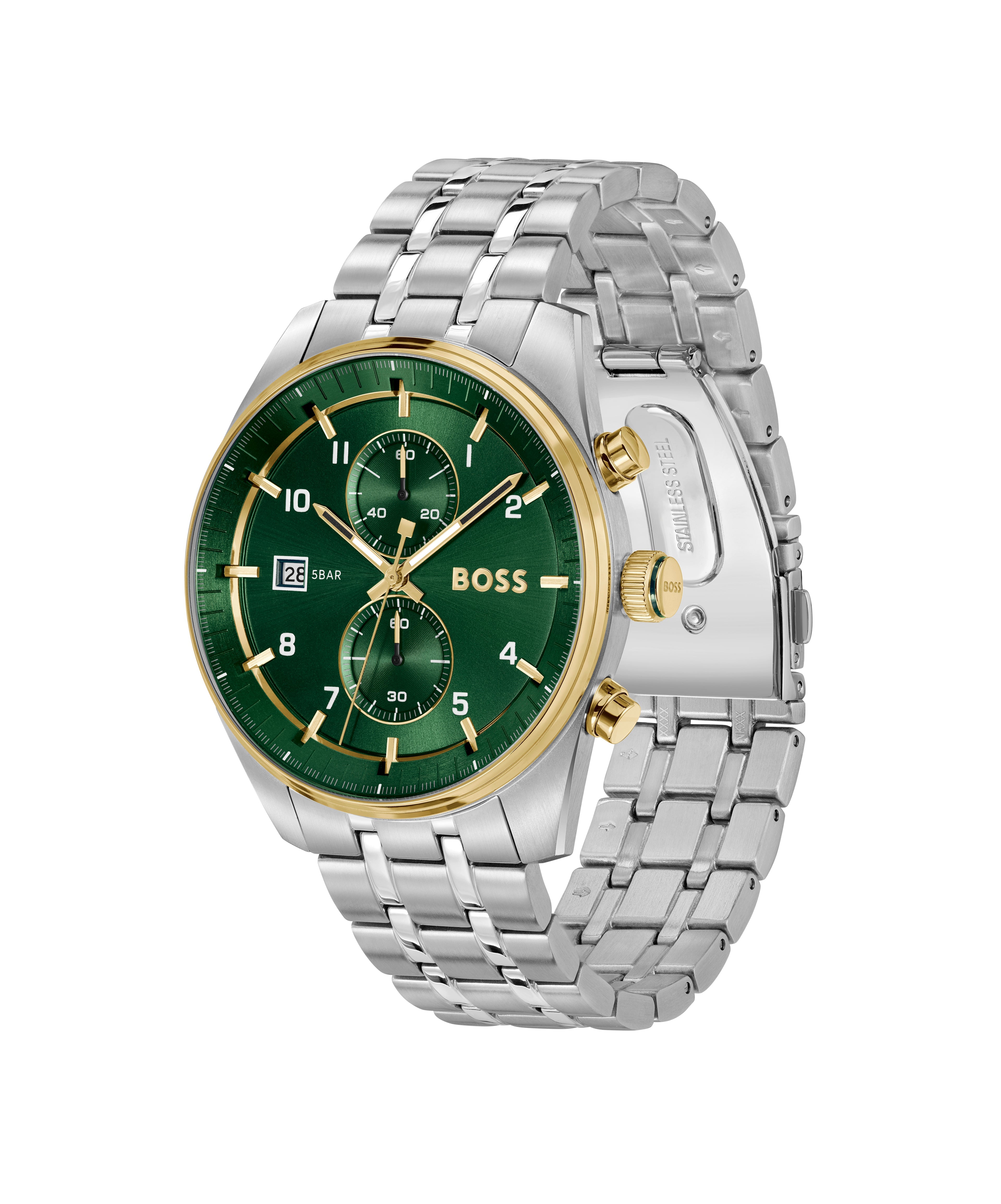 Close-up of BOSS Skytraveller watch featuring a green dial, gold accents, stainless steel bracelet, and date display at "28
