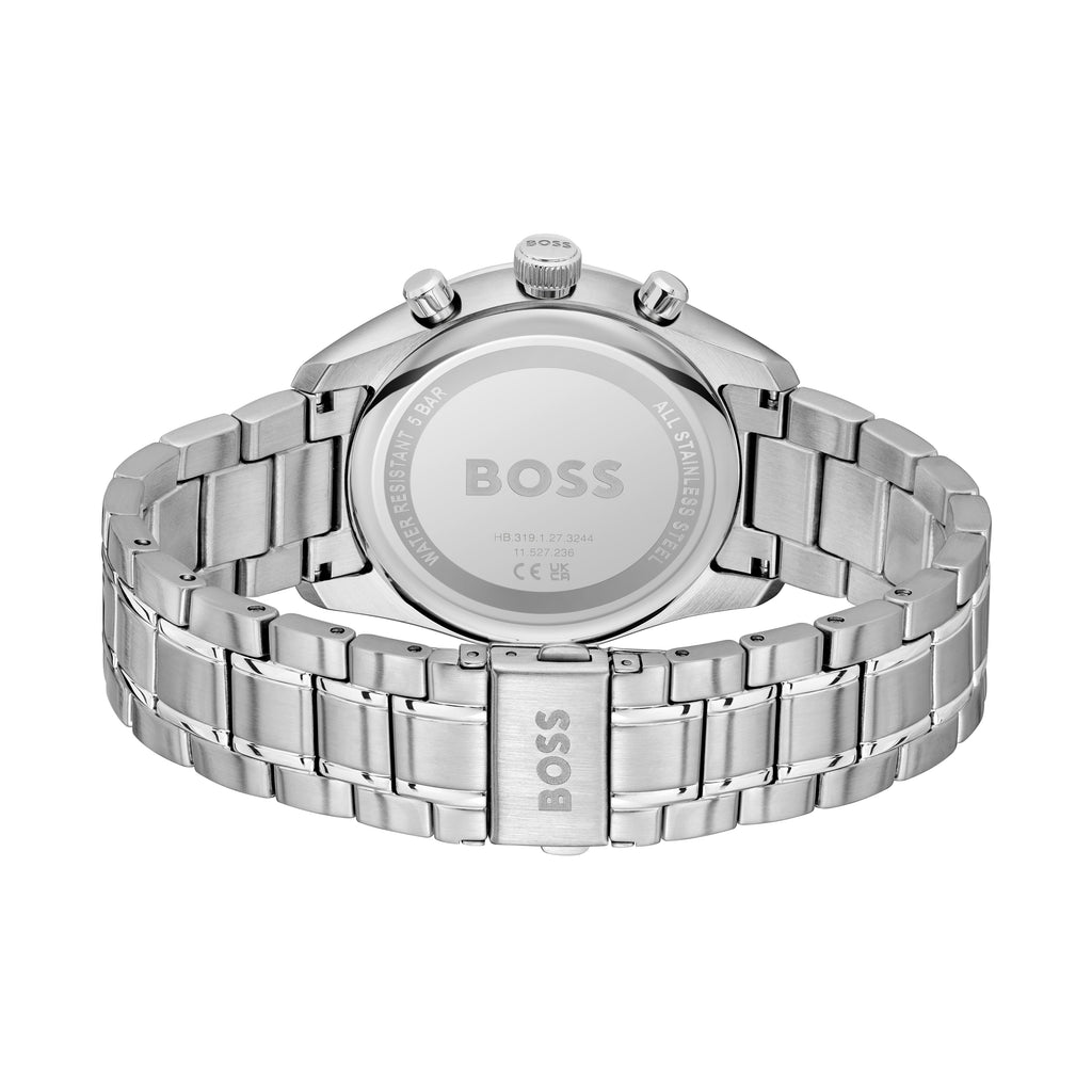 Back of a silver wristwatch with a metal band.
