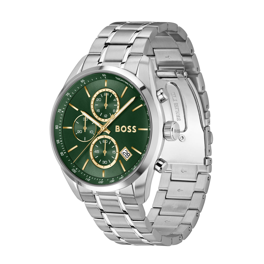 Silver BOSS watch with a green face and gold accents on a white background.