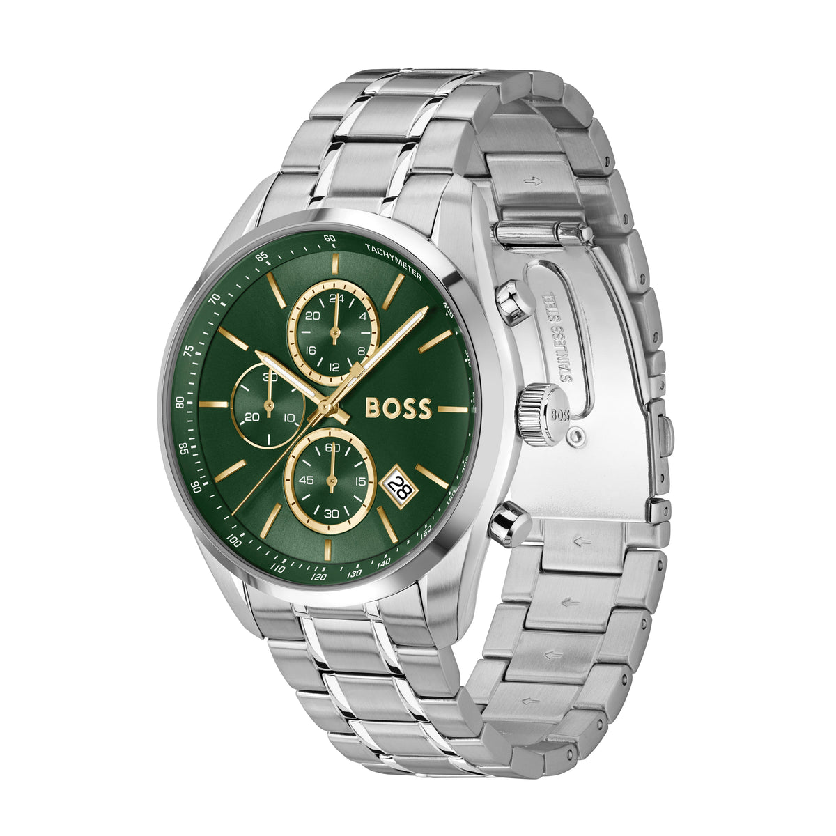 Silver BOSS watch with a green face and gold accents on a white background.