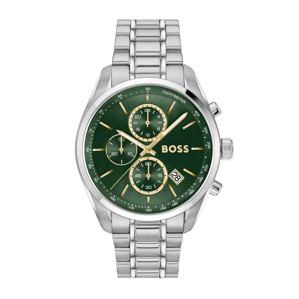Silver and green BOSS chronograph watch with metal bracelet.