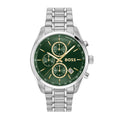 Silver and green BOSS chronograph watch with metal bracelet.