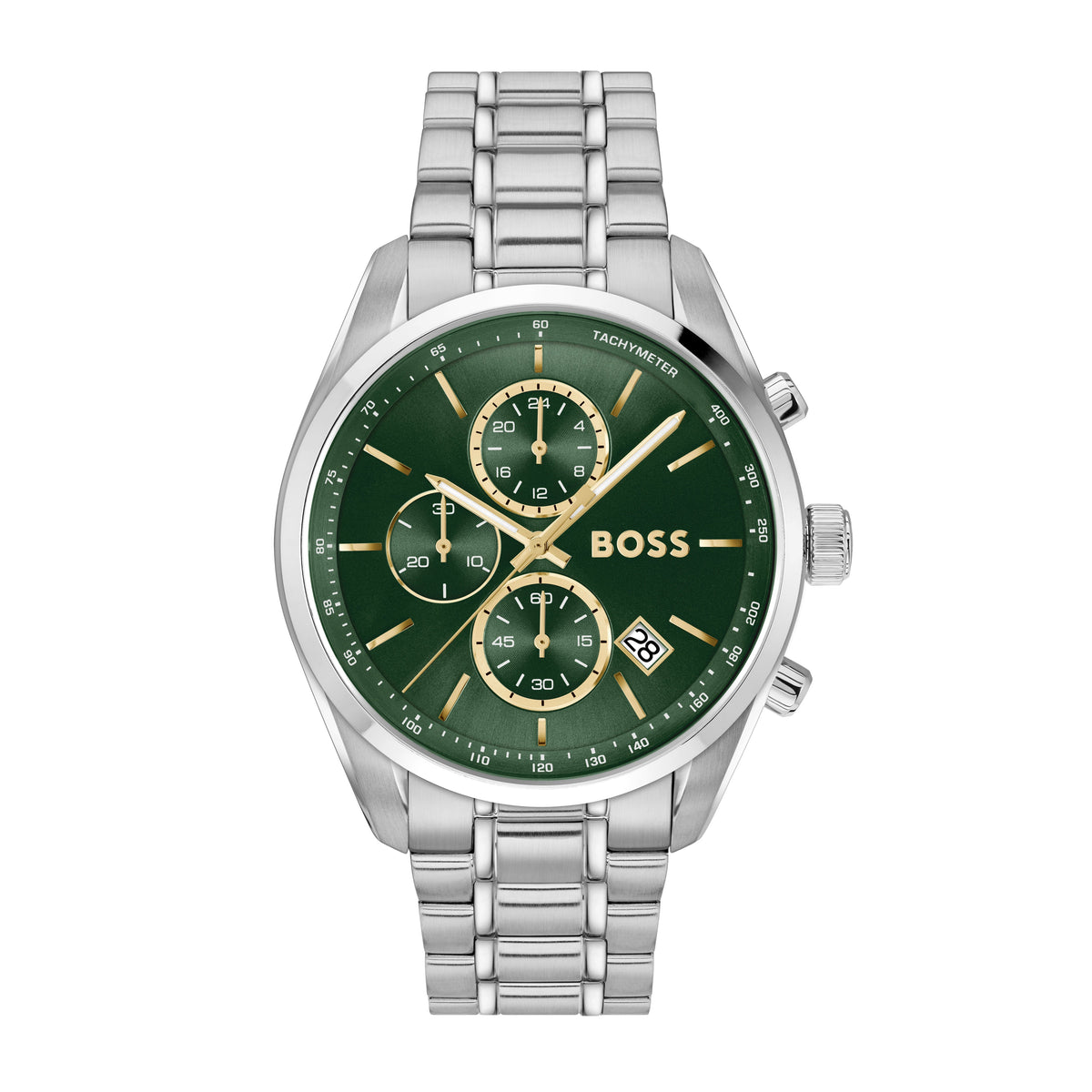 Silver and green BOSS chronograph watch with metal bracelet.