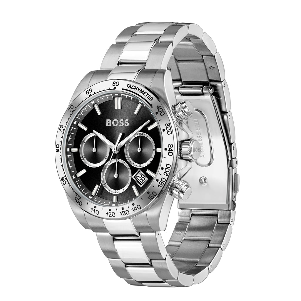 Stainless steel Hugo Boss watch with a black face.