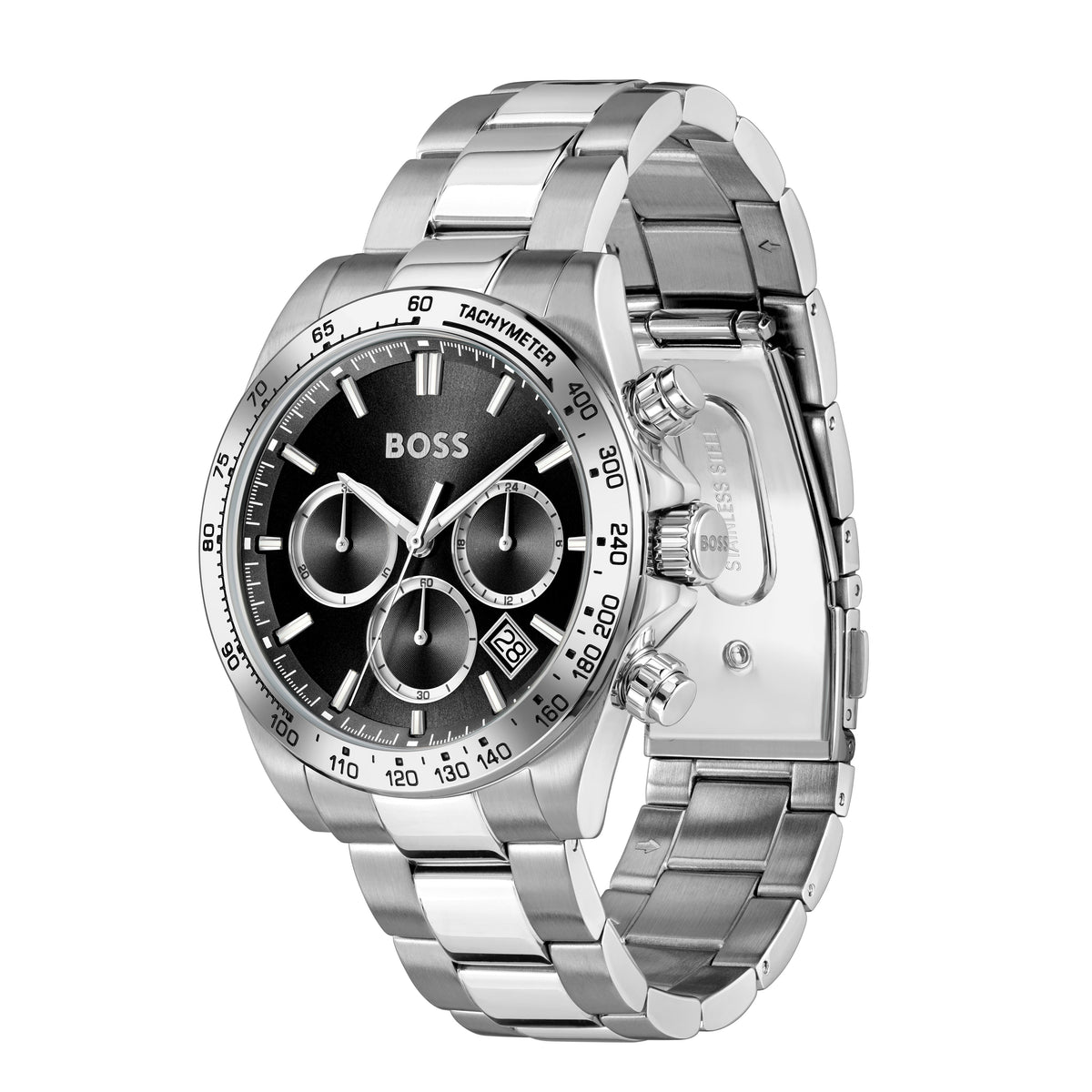 Stainless steel Hugo Boss watch with a black face.