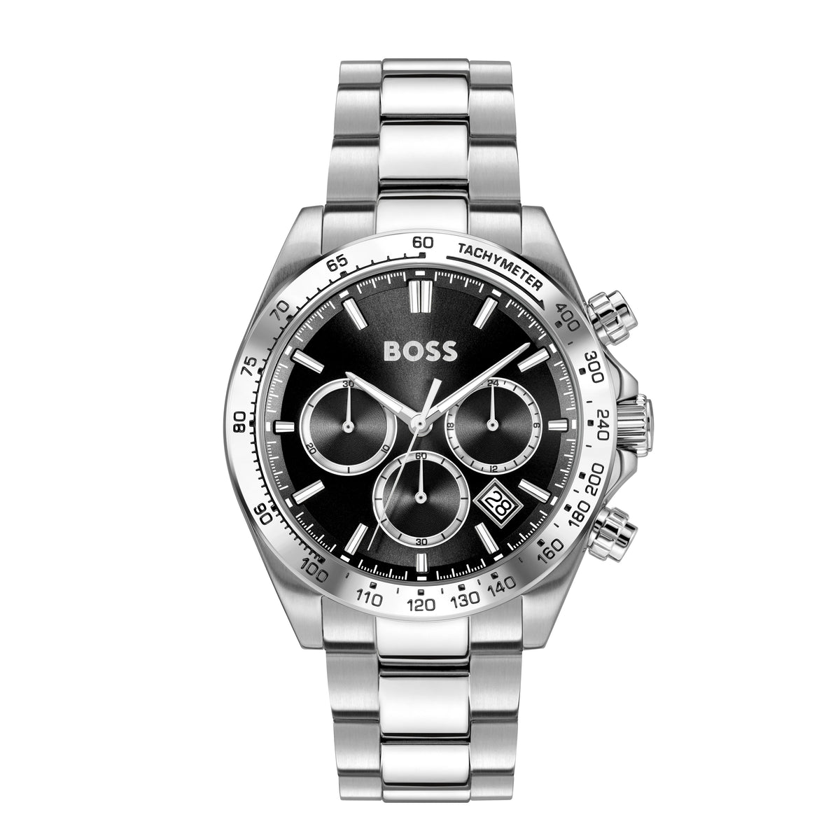 Silver BOSS chronograph watch.