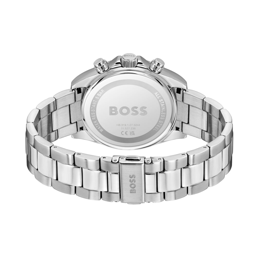 Stainless steel Boss watch, back view.