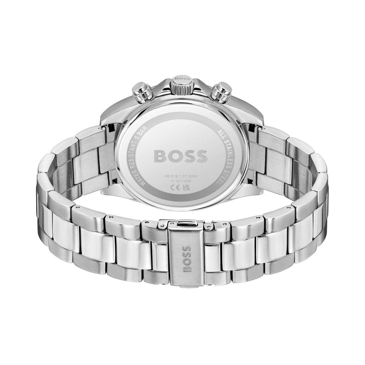 Stainless steel Boss watch, back view.