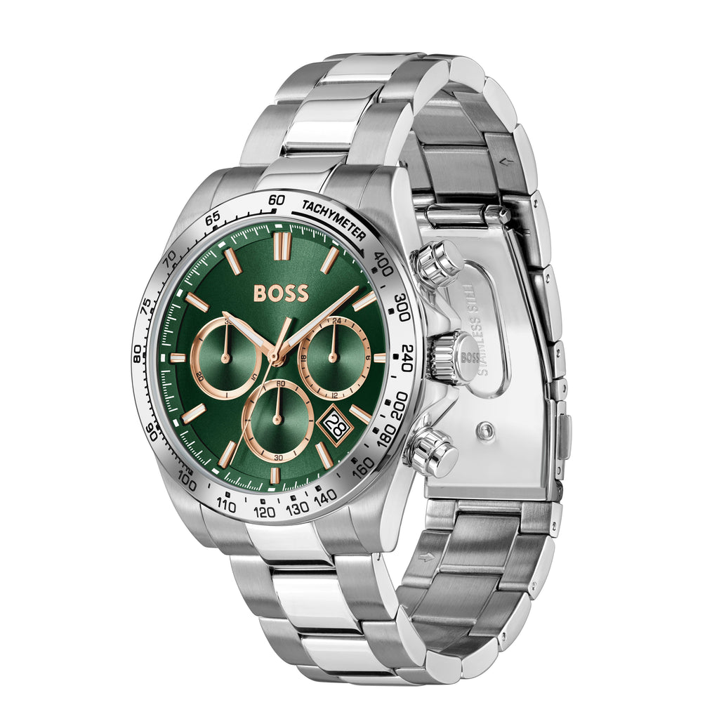 Silver Hugo Boss chronograph watch with a green face.