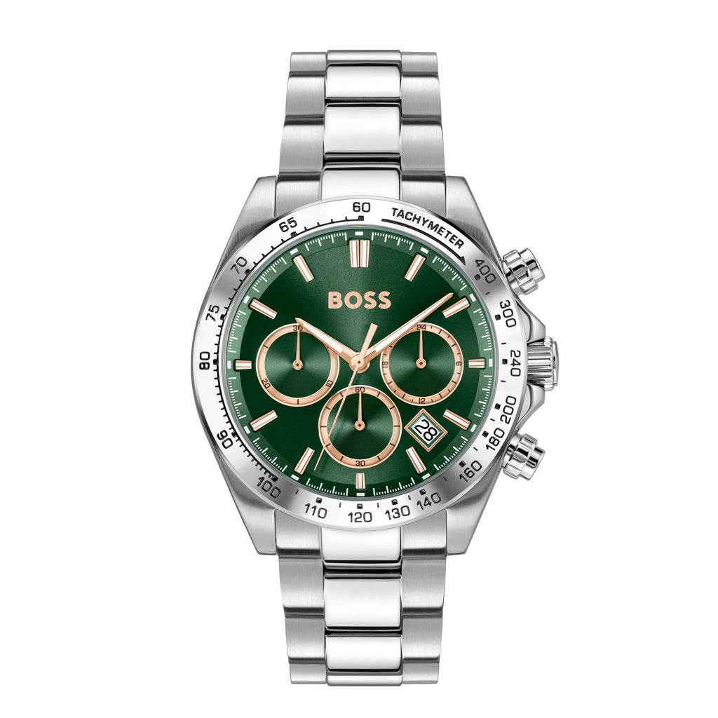 Silver Boss watch with a green face.