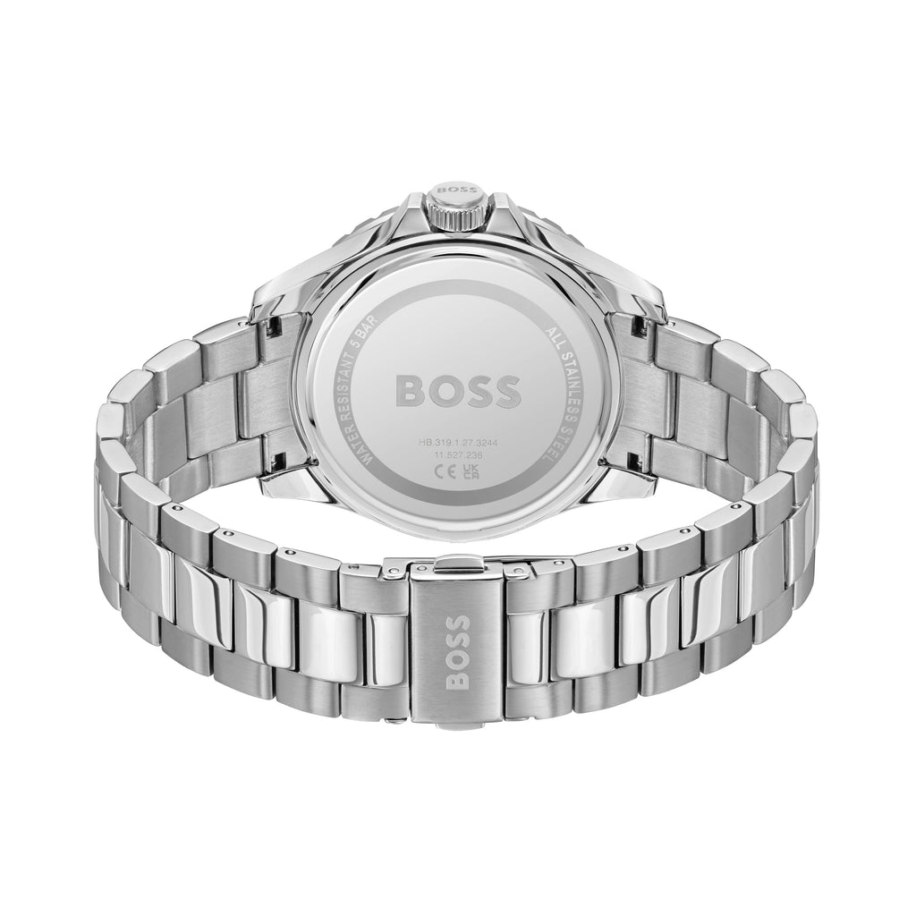 Back view of a silver BOSS watch with a metal band.