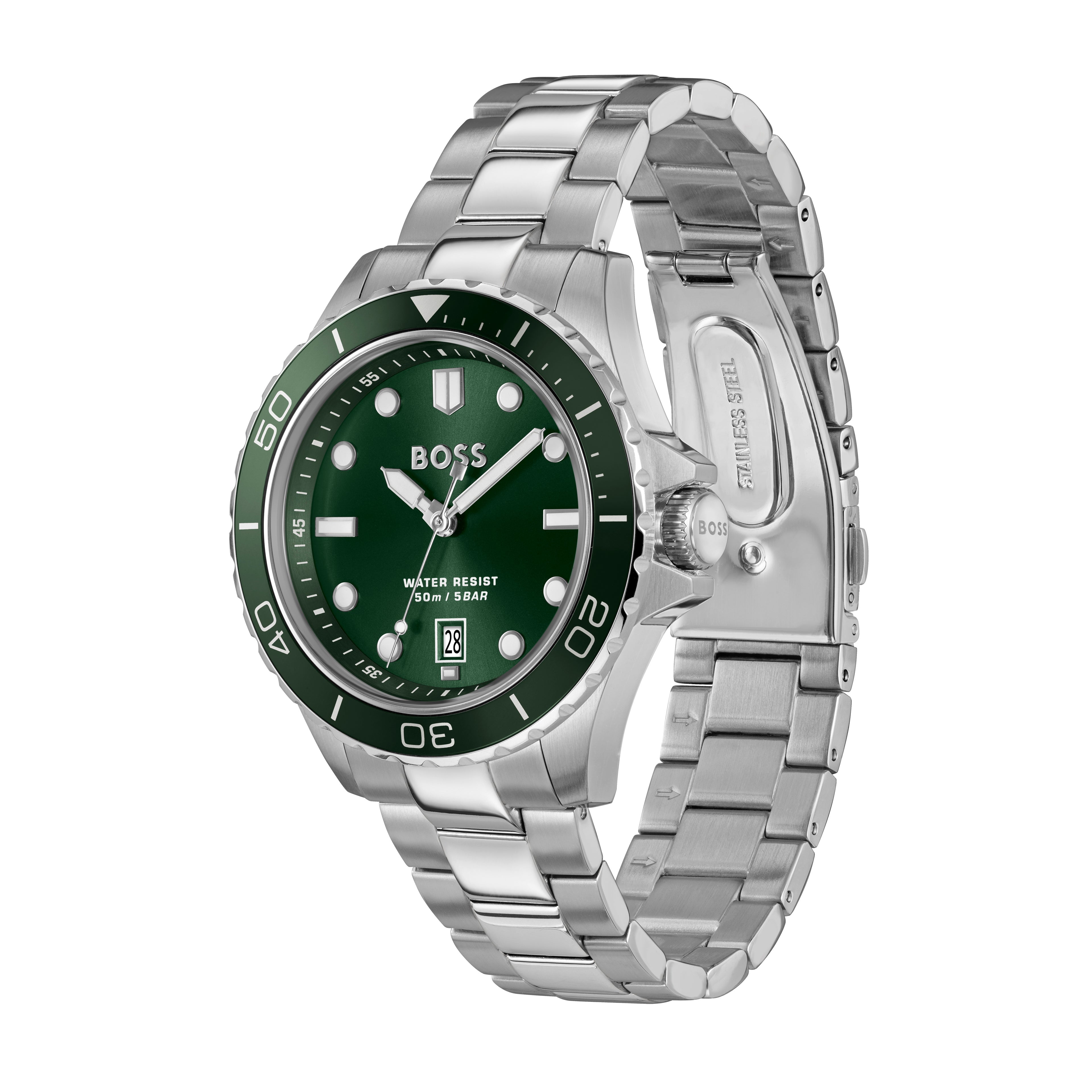 Silver Boss watch with a green dial and band.
