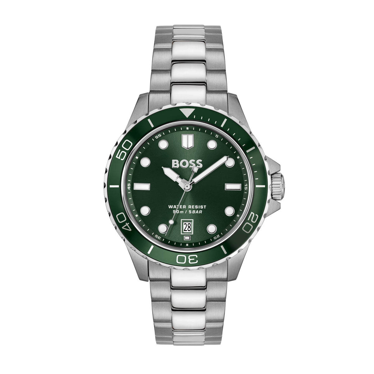 Silver and white BOSS brand wristwatch with a dark green face and bezel.