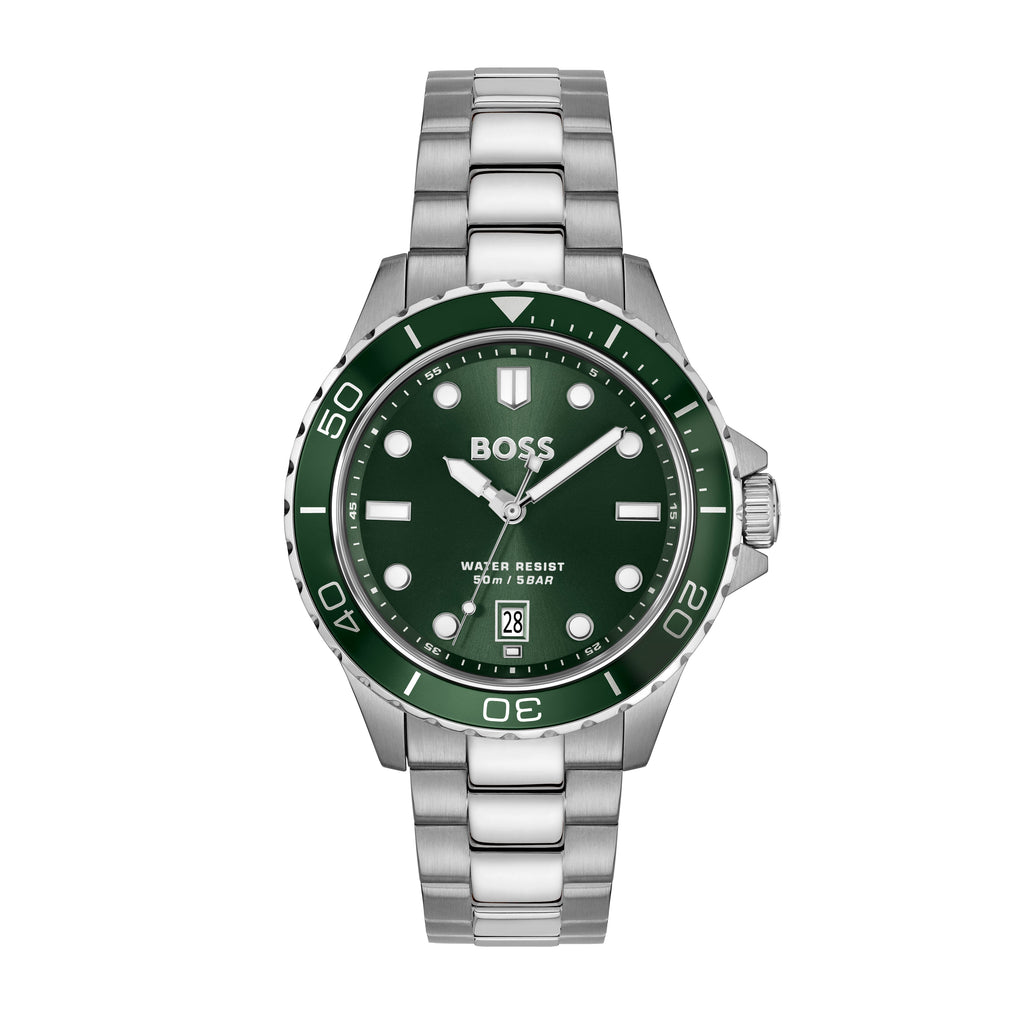 Silver and white BOSS brand wristwatch with a dark green face and bezel.