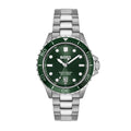 Silver and white BOSS brand wristwatch with a dark green face and bezel.