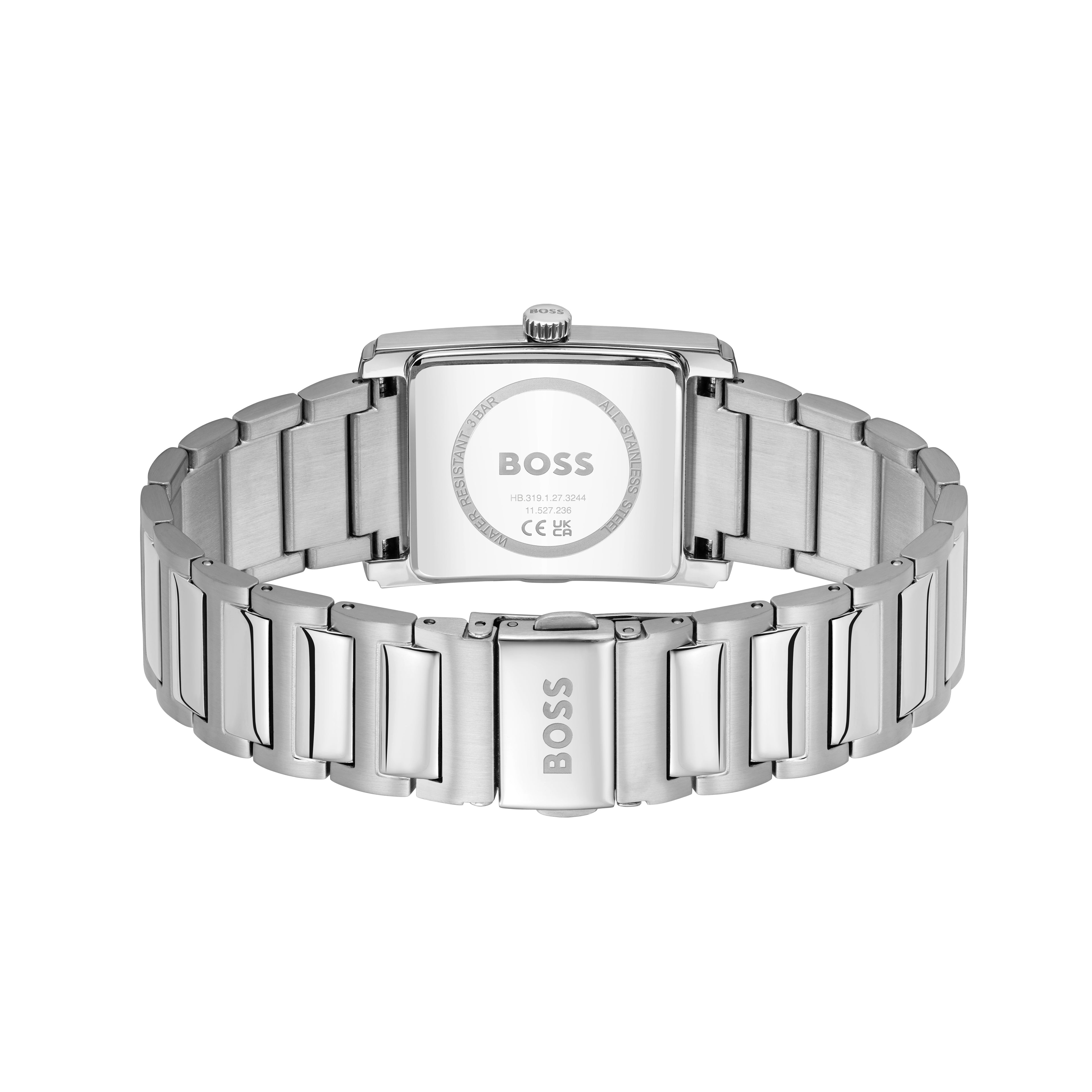 Silver BOSS wristwatch, clasp view.