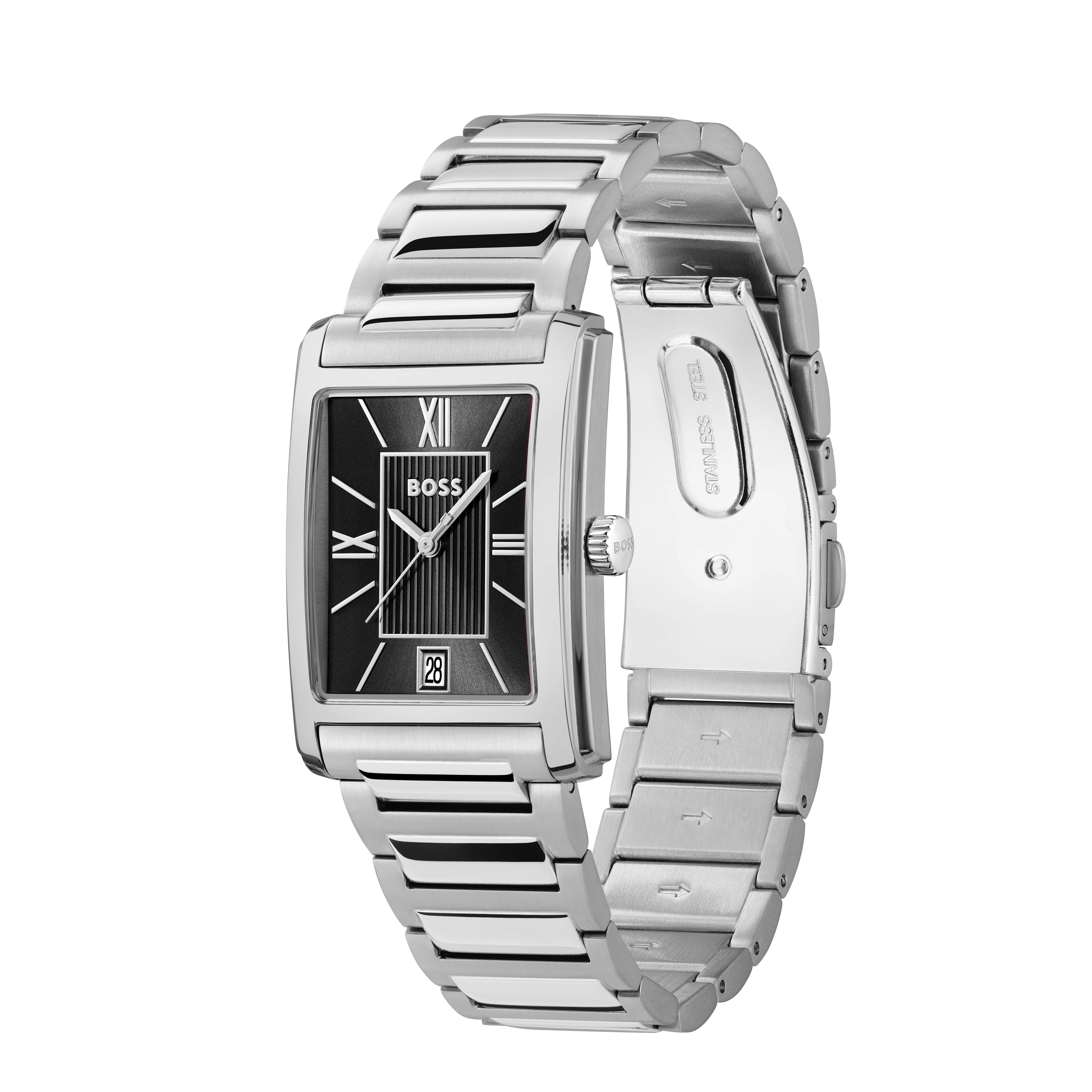 Silver BOSS watch with black dial.