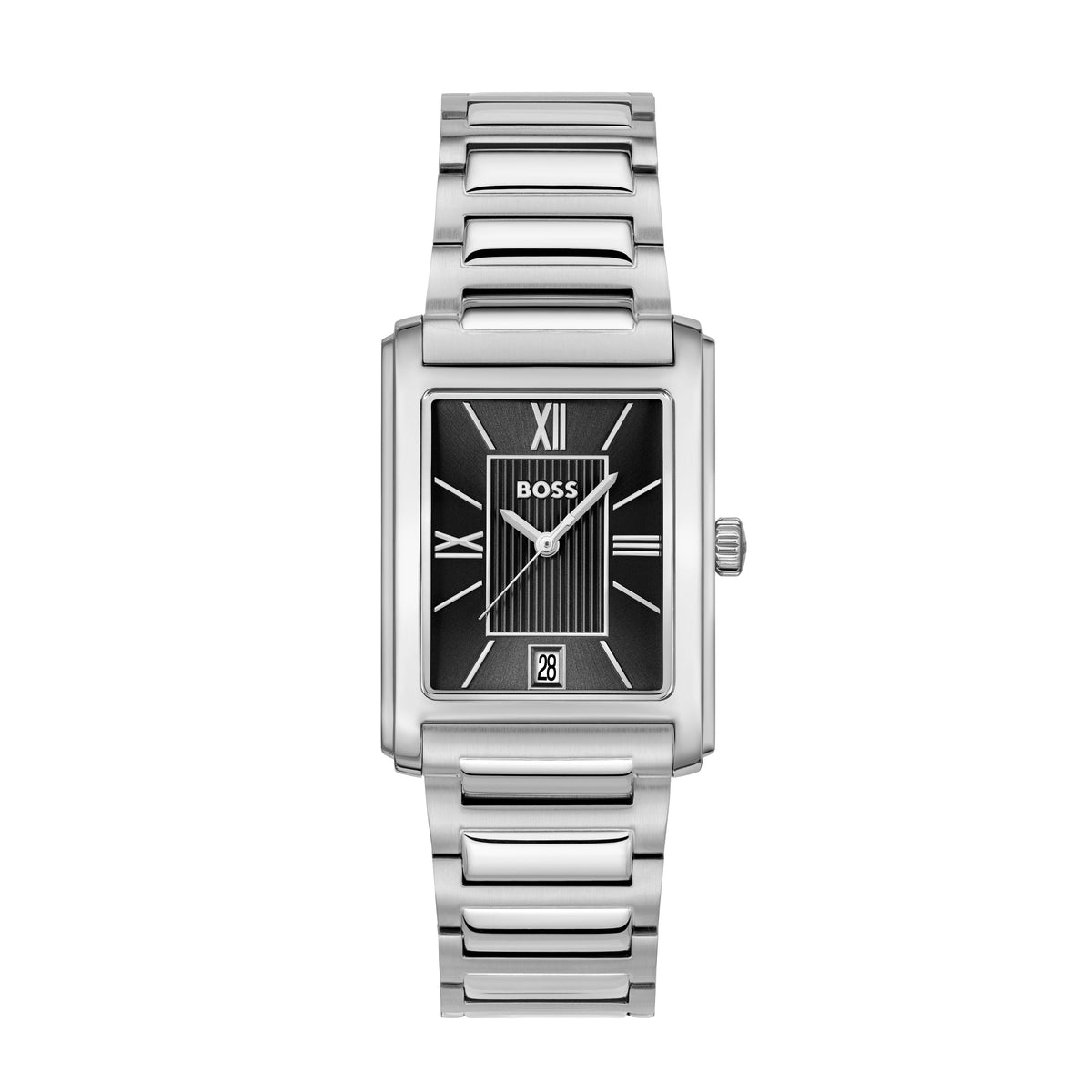 Silver rectangular BOSS watch with black dial.
