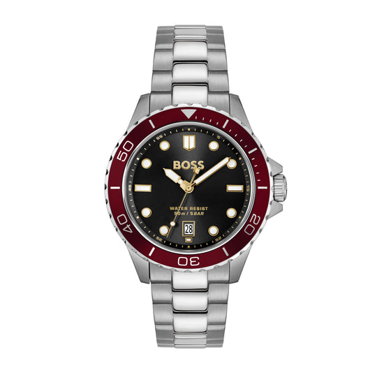 BOSS Mens Troper Sport, Black Dial, Cherry Bezel, Bracelet Watch 1514304