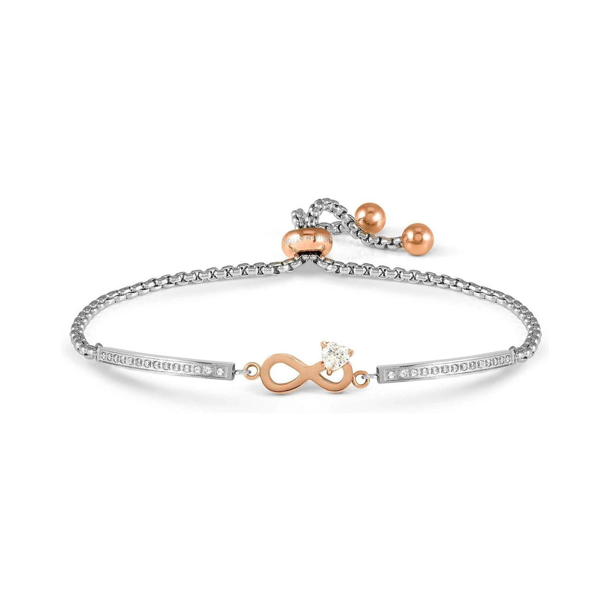 Silver bracelet with rose gold infinity symbol and heart-shaped diamond.
