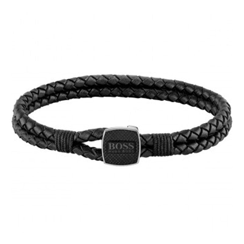 The BOSS Mens Seal Black Leather Bracelet, a black leather jewelry bracelet from BOSS, available at OD’s Jewellers in St Helens.