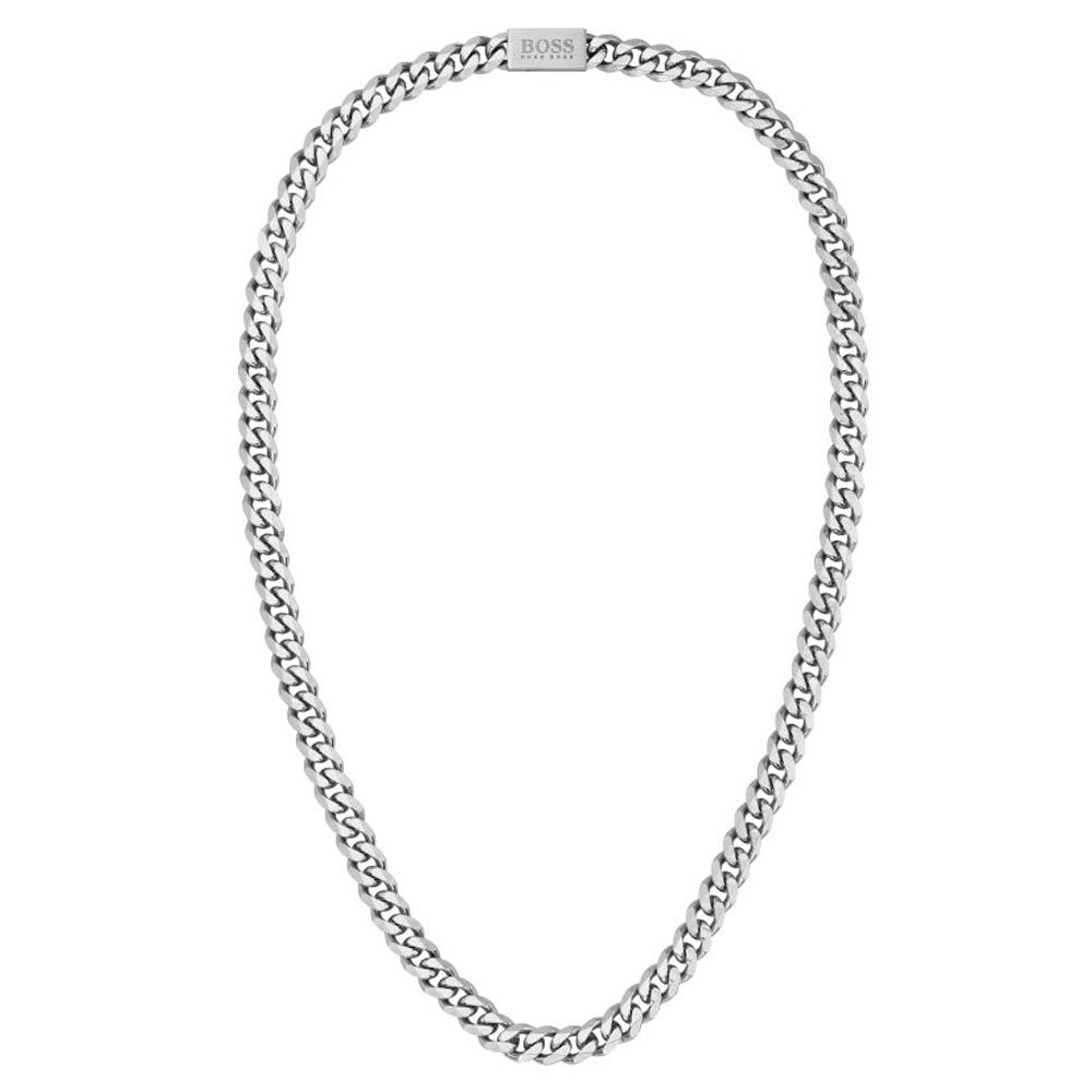 Close-up of a men's Boss link chain necklace, crafted from stainless steel and measuring 22 inches in length.