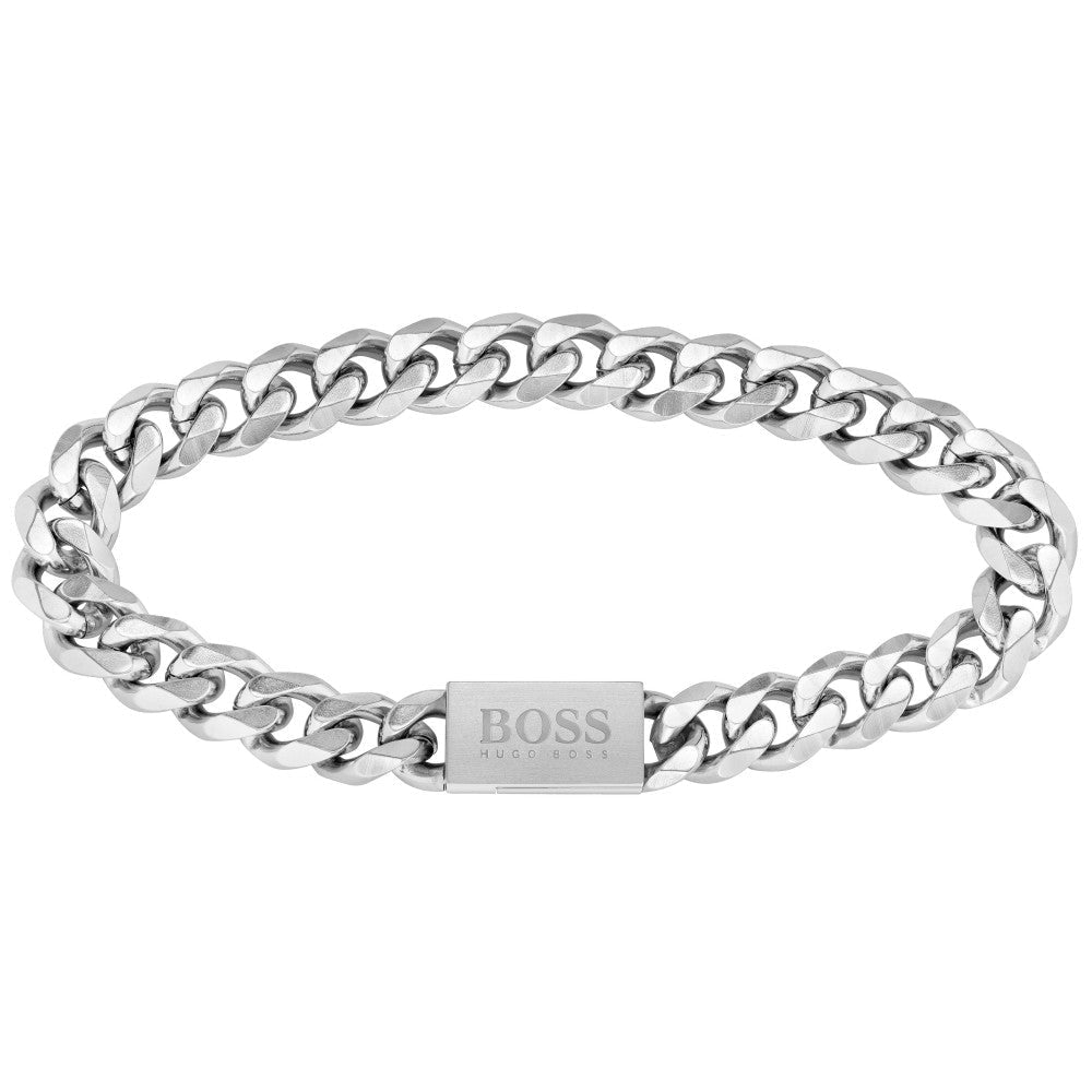 BOSS chain bracelet in stainless steel. Features a magnetic clasp with brand name. Men's fashion accessory.