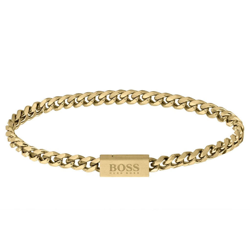 BOSS gold-plated chain bracelet. Men's jewelry featuring interlocking links and Hugo Boss logo clasp detail.