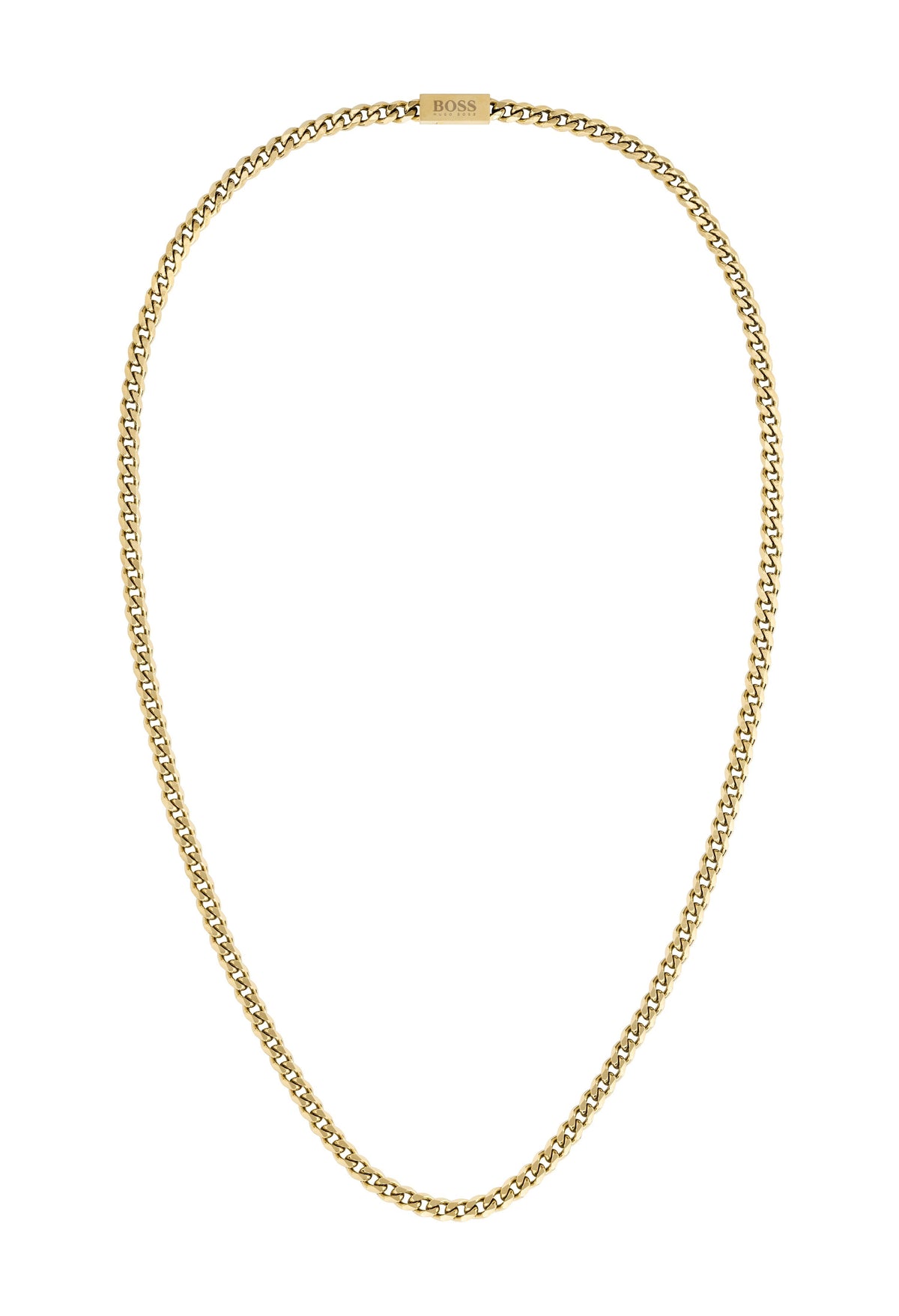 Close-up of a gold-plated BOSS chain for men, showcasing the stainless steel construction and design detail.