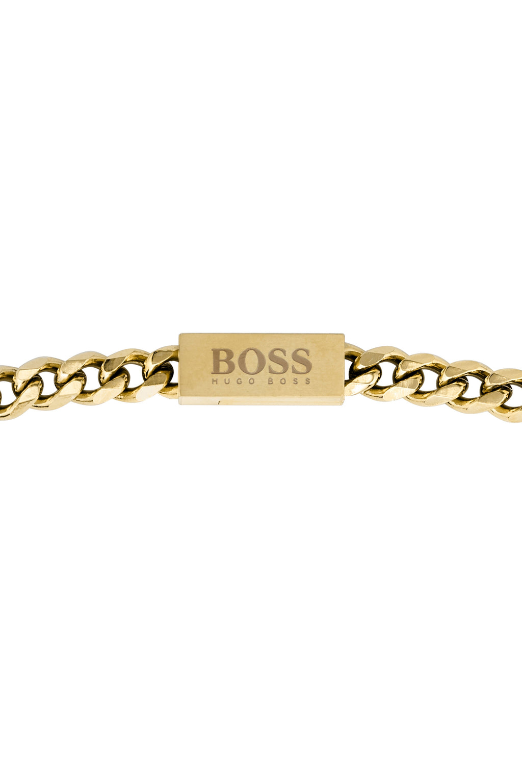 Close-up of a gold BOSS chain necklace for men, featuring a stainless steel link engraved with the "Hugo Boss" logo.