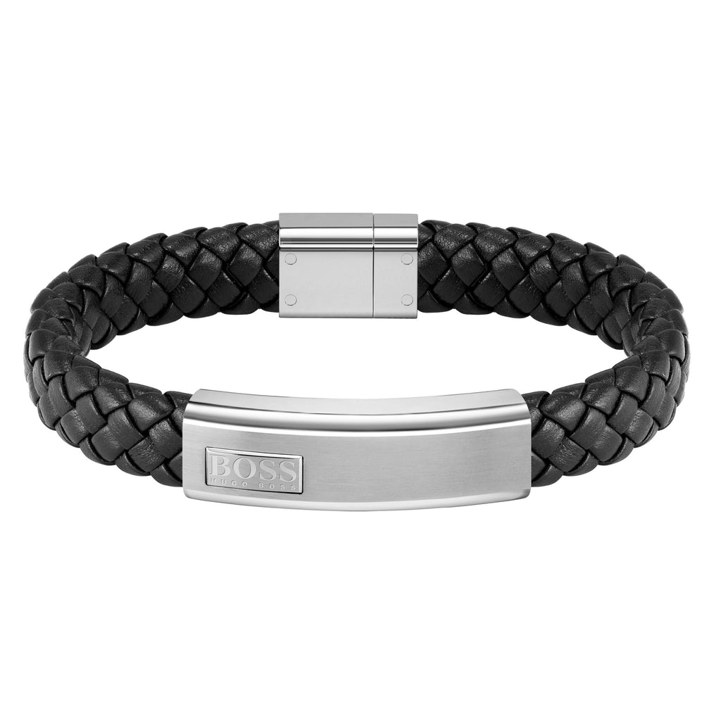 Boss Lander bracelet: Braided black leather band with stainless steel closure & logo detail, showcasing craftsmanship.