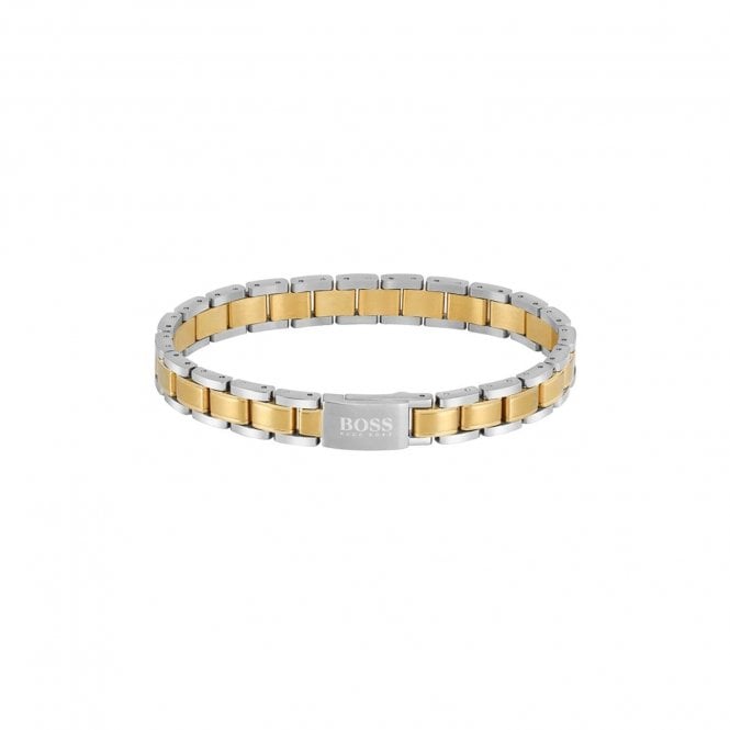 BOSS bracelet showcasing a two-tone design, blending gold and silver metal links for a stylish essential accessory.